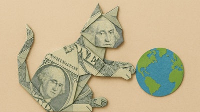 An Origami Dollar Bill In The Shape Of A Cat Playing With The Earth In Its Paws Like A Ball Of String