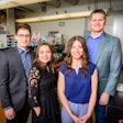 Professor and director of the Division of Nutritional Sciences Kelly Swanson, right, led a team that tested a precision-brewed chicken protein in dog kibble and found that it had gut-health benefits for dogs that consumed it during the six-month study. The team included, from left, alumnus Julio Mioto, animal sciences professor Patricia Oba and alumna Meredith Smola, the first author of the study.